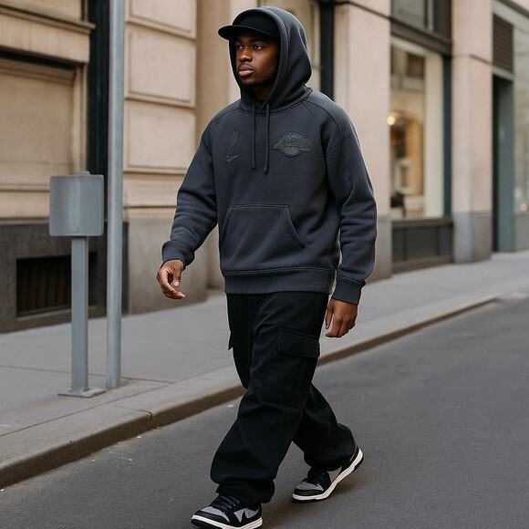 Nike NBA LA Lakers Player Issue Engineered Hoodie Black Out Medium - Picture 1 of 14